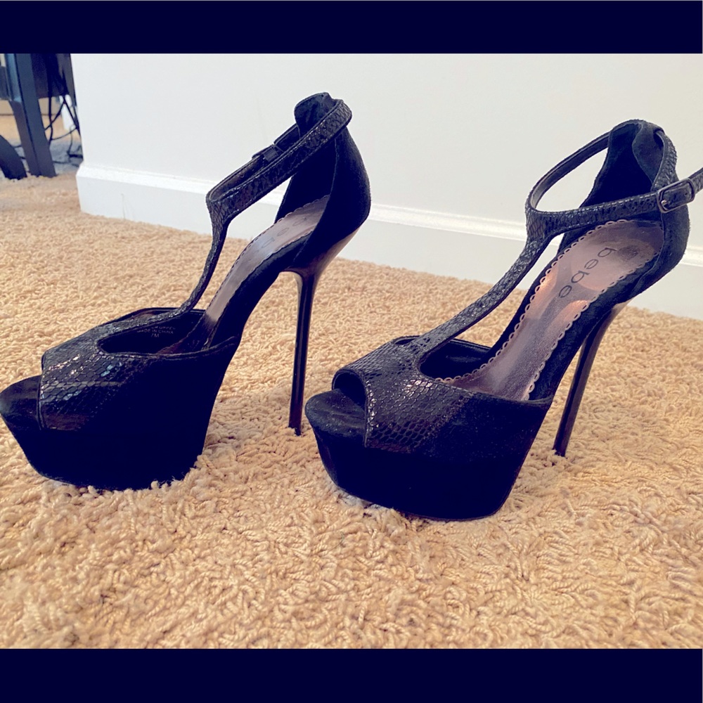 Bebe black snake skin stilettos